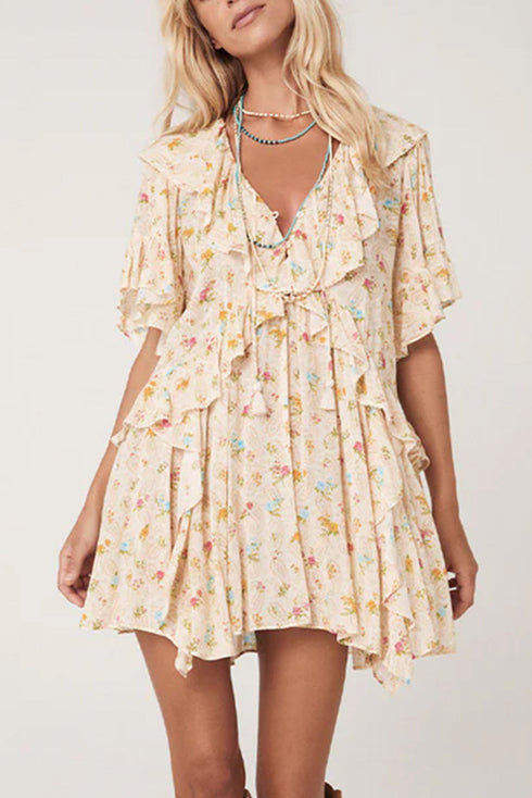 Boho Ruffle Mini Dress with Tassel Tie and Floral Print